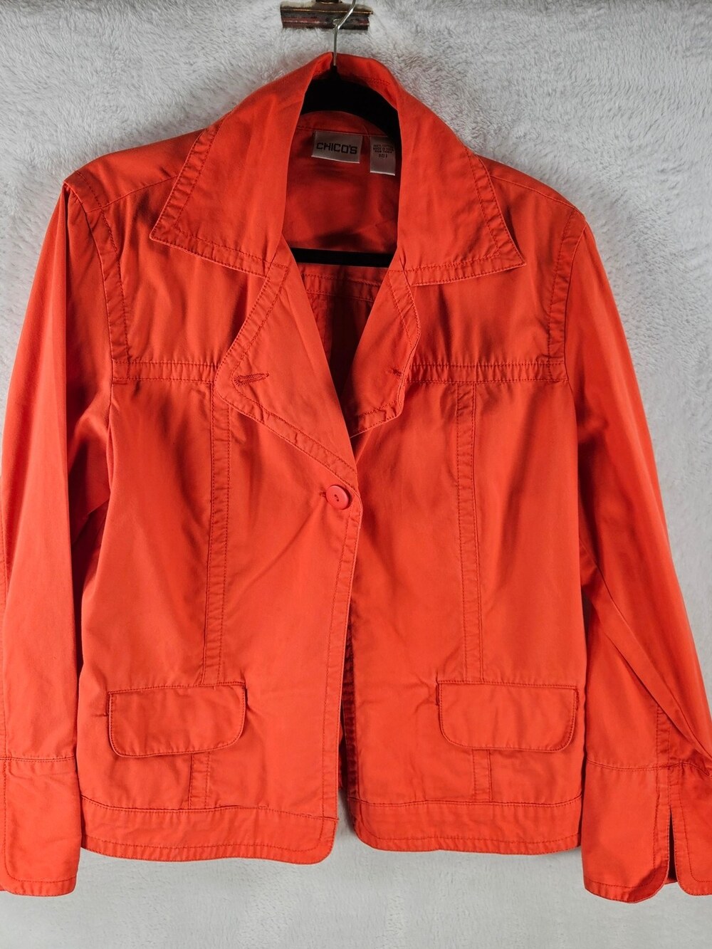 Chico's Cotton Blazer Jacket Orange One-Button Patch Pockets Women's Size 2